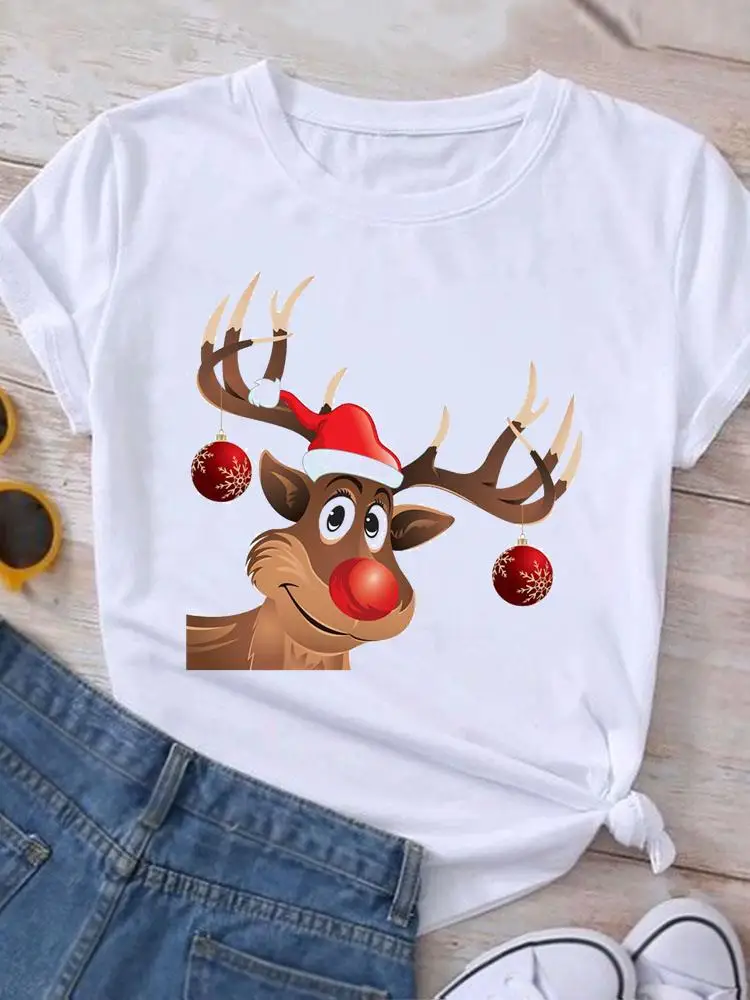 

Print T-shirt Top Deer Lovely 90s Fashion Clothing New Year Christmas Graphic T Shirt Women Holiday Female Short Sleeve Tee