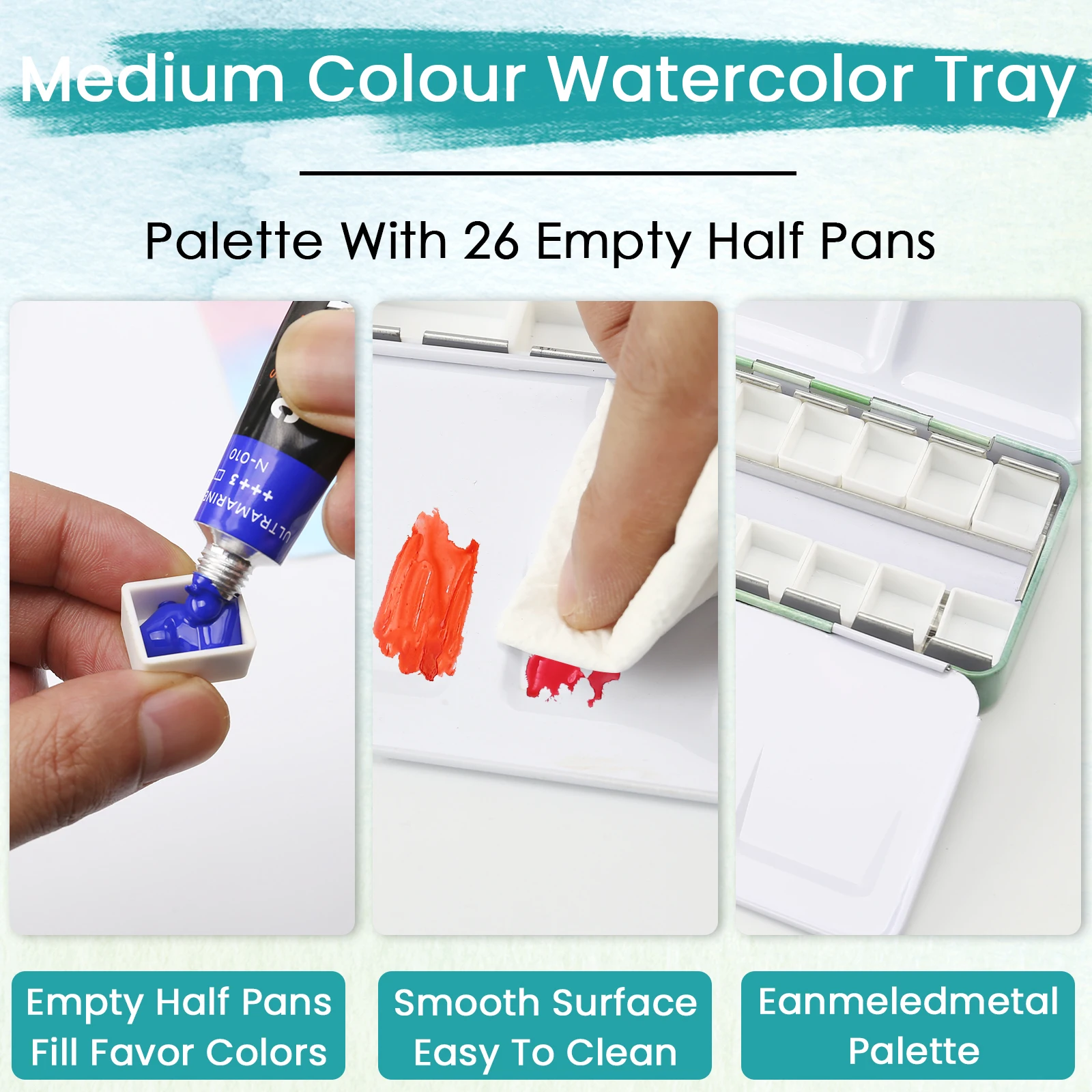 Watercolor Palette Empty w/Removable Paint Tray & 26PCS Empty Watercolor Half Pans - Travel Watercolor Palette with Lid