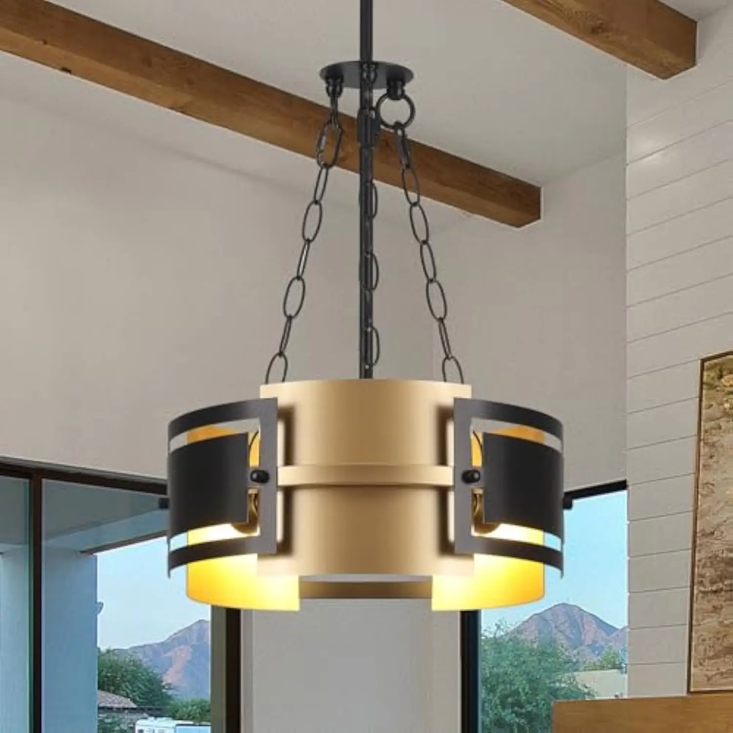 

Farmhouse Chandelier, 3-Light Rustic Pendant Light Fixtures, Ajustable Height Metal Drum Hanging Lighting for Dining Room Kitch