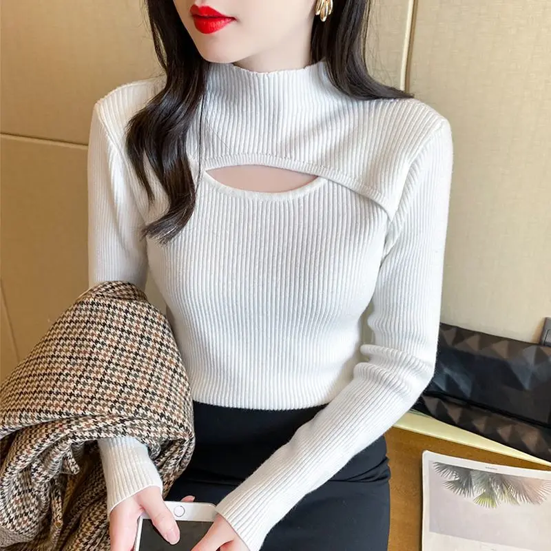 Sexy Hollow Out Knitting Pullovers Top Autumn Winter New Long Sleeve Solid Slim Elegant Sweaters Fashion Casual Women Clothing