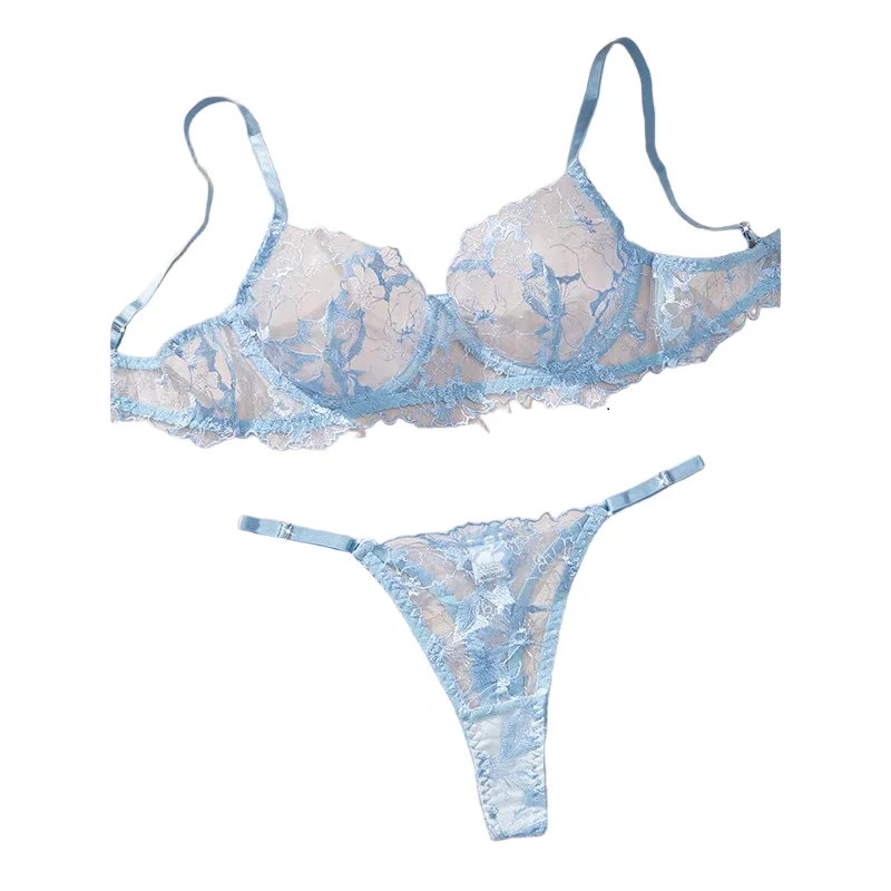 

Sexy Lingerie Set Embroidery Romantic Bra Brief Set Transparent Underwear Thong New Fashion Lace See Through Blue Exotic Sets