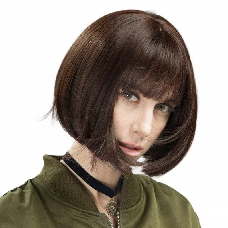 Women Straight Hair Wig Dark Brown Wig Short Ladies Full Wig+Wig Cap