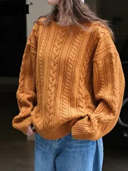 [EAM] Yellow Brown Big Size Knitting Sweater Round Neck Long Sleeve Women Pullovers New Fashion Tide Spring Autumn 2024 1DH7110