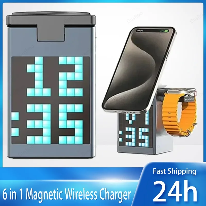 

Магнитная беспроводная зарядная станция 6-в-1 с Bluetooth-колонкой и будильником для Magsafe iPhone 17 16 15 Pro Max, Airpods Pro, Apple Watch