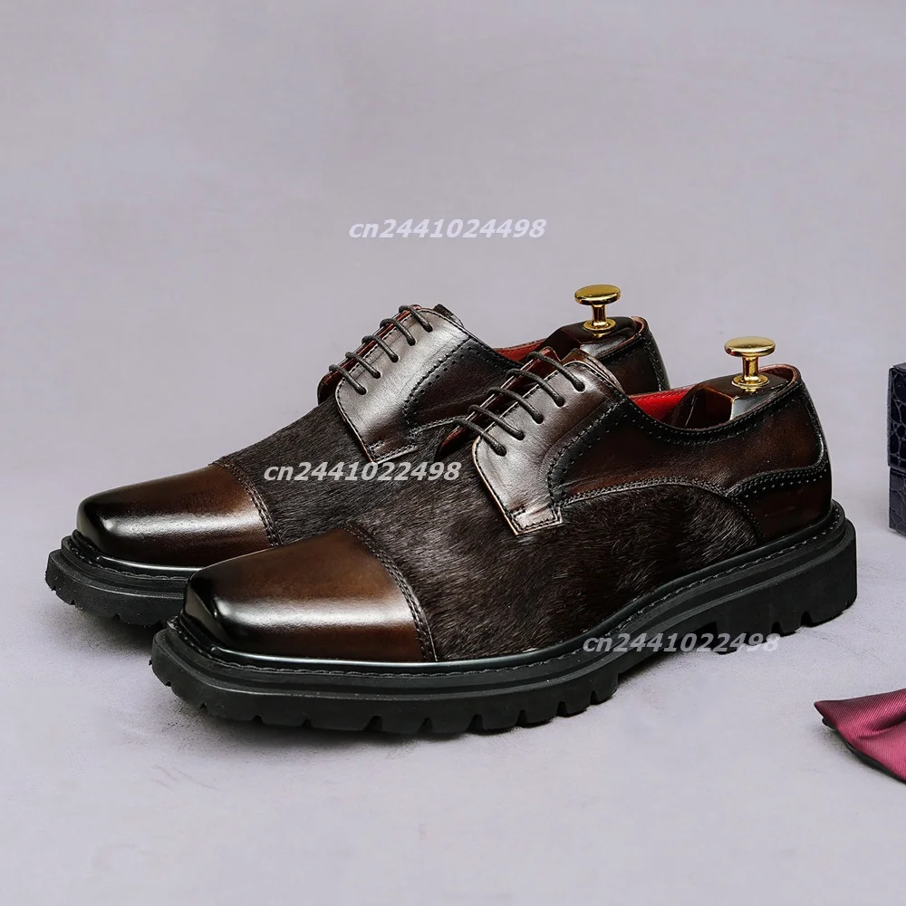 Faux Horse Hair Patchwork Lace up Men Oxford Shoe Square Toe Matte Leater Formal  Footwear, Thick Rubber Sole Shoe Multi Colors