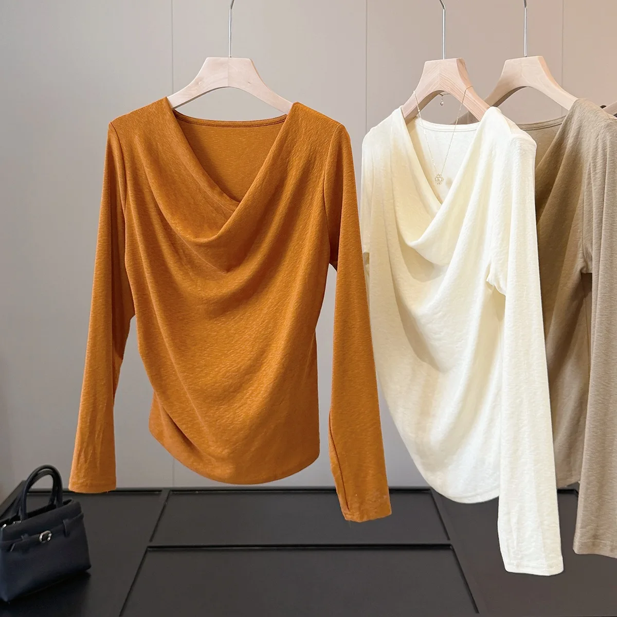 Irregular Swinging Neck Long-sleeved Bottom T-shirt Women's Autumn New 2026 Pleated Slim-fit Top Women Clothing