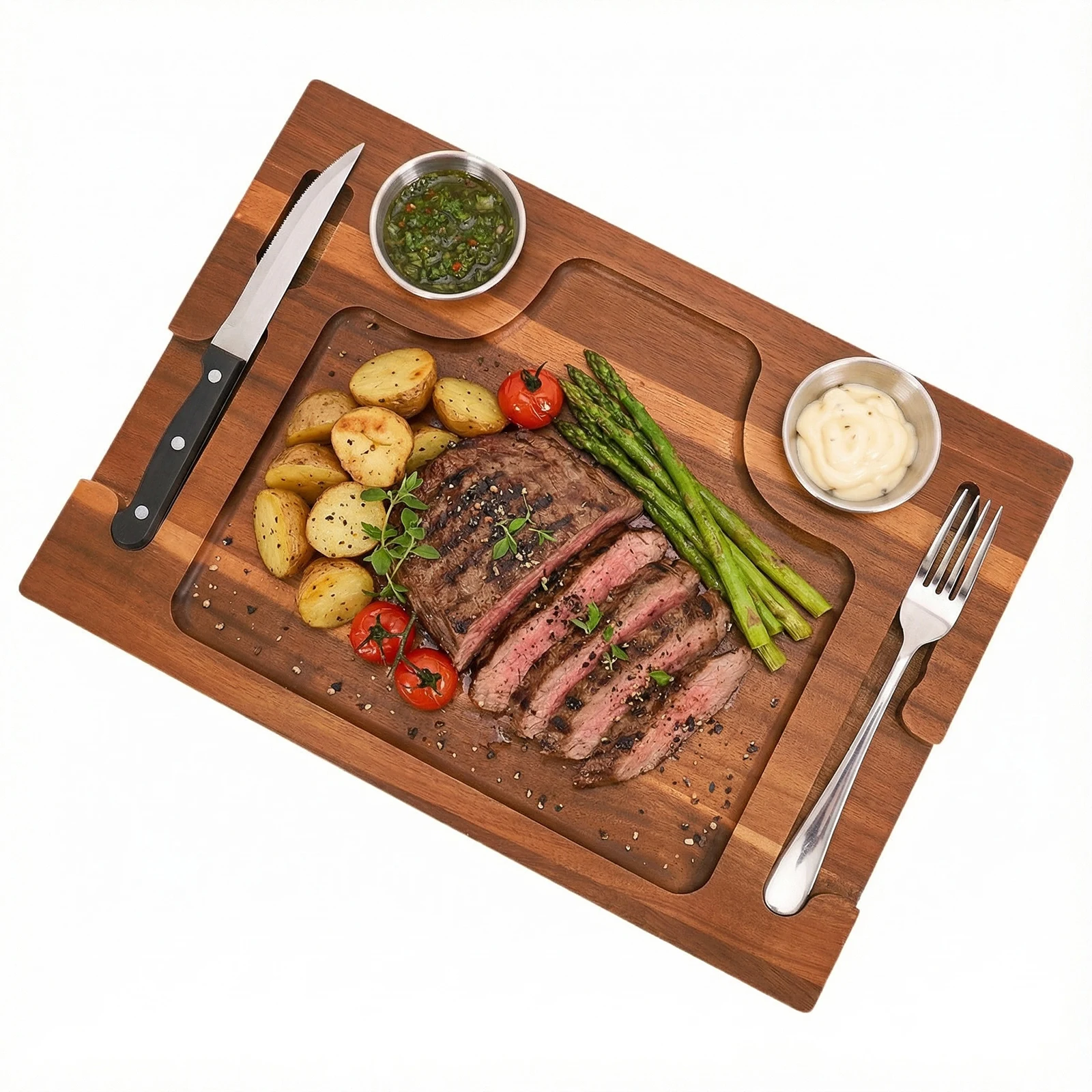 Plato de Servir de Madera de Acacia con Ranuras, Tabla de Cortar para Charcutería con 2 Tazas para Salsas, para el Hogar