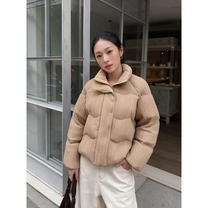 Pleated Cotton Parkas Women 2026 Autumn New Ultra-Thick High Collar Slim Commuter Fashion Short Silky Cotton Button Cotton Coat