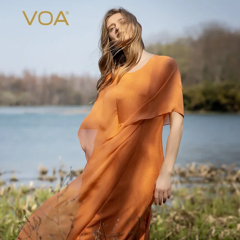 

VOA Elegant Flounced Edge Flying Sleeve Woman Party Dress Spring O-Neck Solid Three-quarter Sleeves Loose Dresses Autumn AE1081