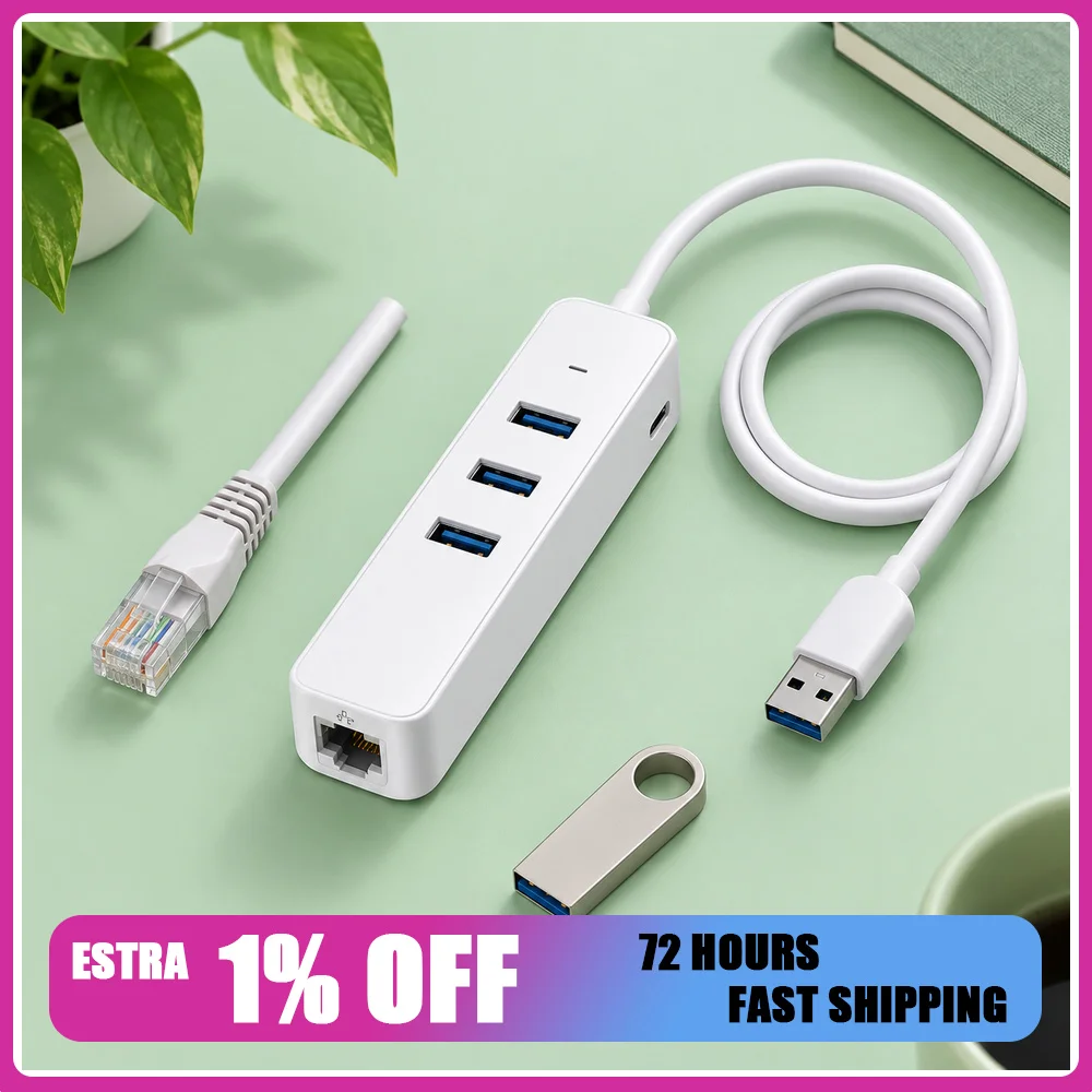 UGREEN CM416 50618 White USB-A 3.0 Hub with 100Mbps Ethernet, 3 USB 3.0 Data Ports and USB-C Power Input