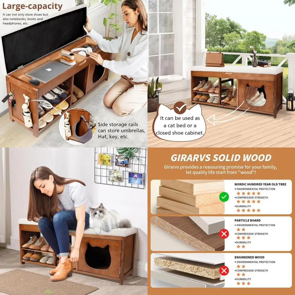 

2-уровневая скамейка для прихожей из цельного дерева со скрытым ящиком и шкафом для кошек, полка для хранения обуви для прихожей, гостиной, спальни (поддержки)