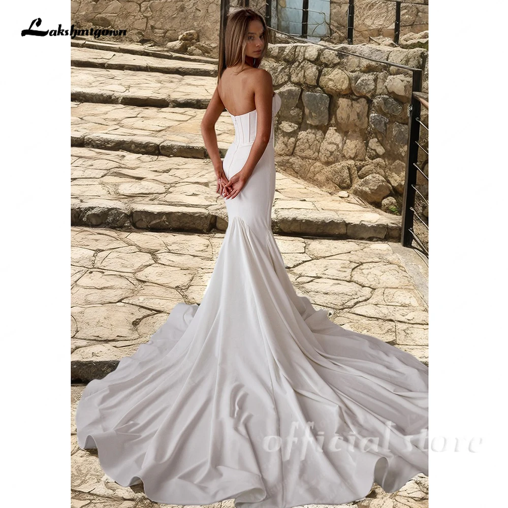 Lakshmigown Sexy Meerjungfrauen-Hochzeitskleider Boho Trägerloses Satin-Hochzeitskleid mit Spitzenbesatz Rückenfreies Robe De Mariee Maßanfertigung – Detail 6