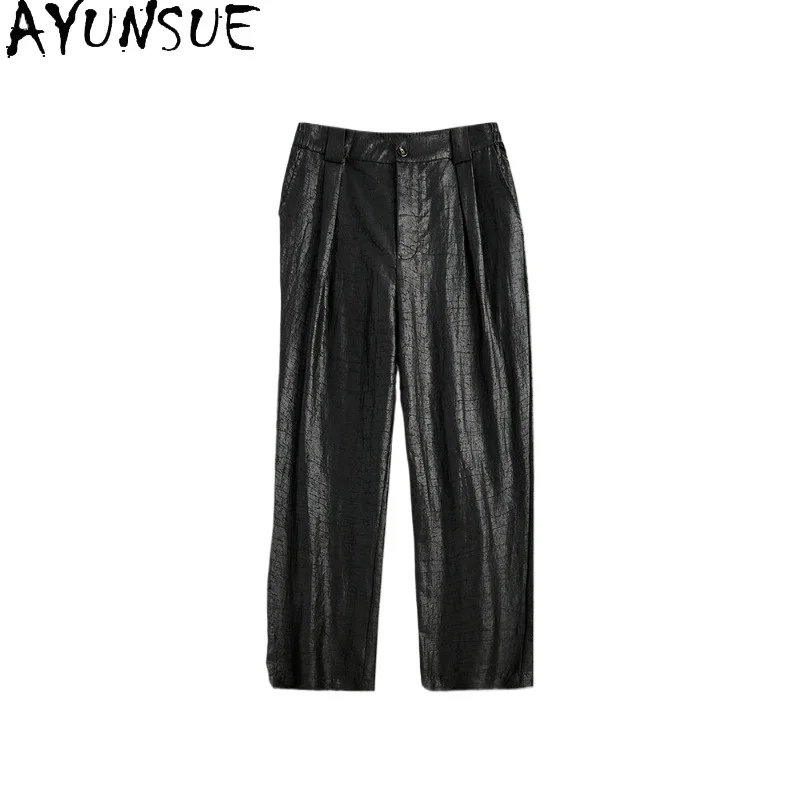 

AYUNSUE Роскошные мужские брюки из 100% натурального шелка тутового шелкопряда, весна-лето 2026, черные брюки из водяной марли с полуэластичным поясом