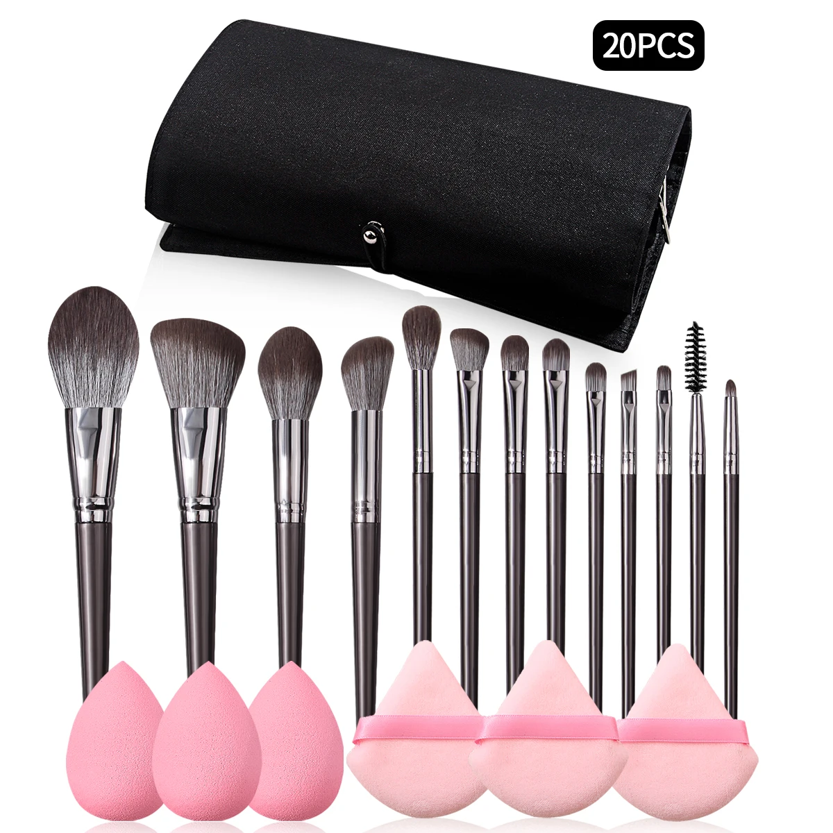 ชุดแปรงแต่งหน้าอเนกประสงค์ 20 ชิ้น & ฟองน้ำแต่งหน้าแบบนุ่ม แป้งพัฟทรงสามเหลี่ยม & กระเป๋าเก็บของแบบพับได้แบบพกพา