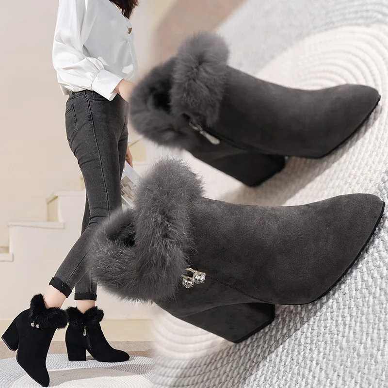 Women High Heels Shoes Platform Fur Crystal Tassels Chelsea Ankle Boots Winter 2024 New Trend Warm Short Cotton Goth Snow Boots