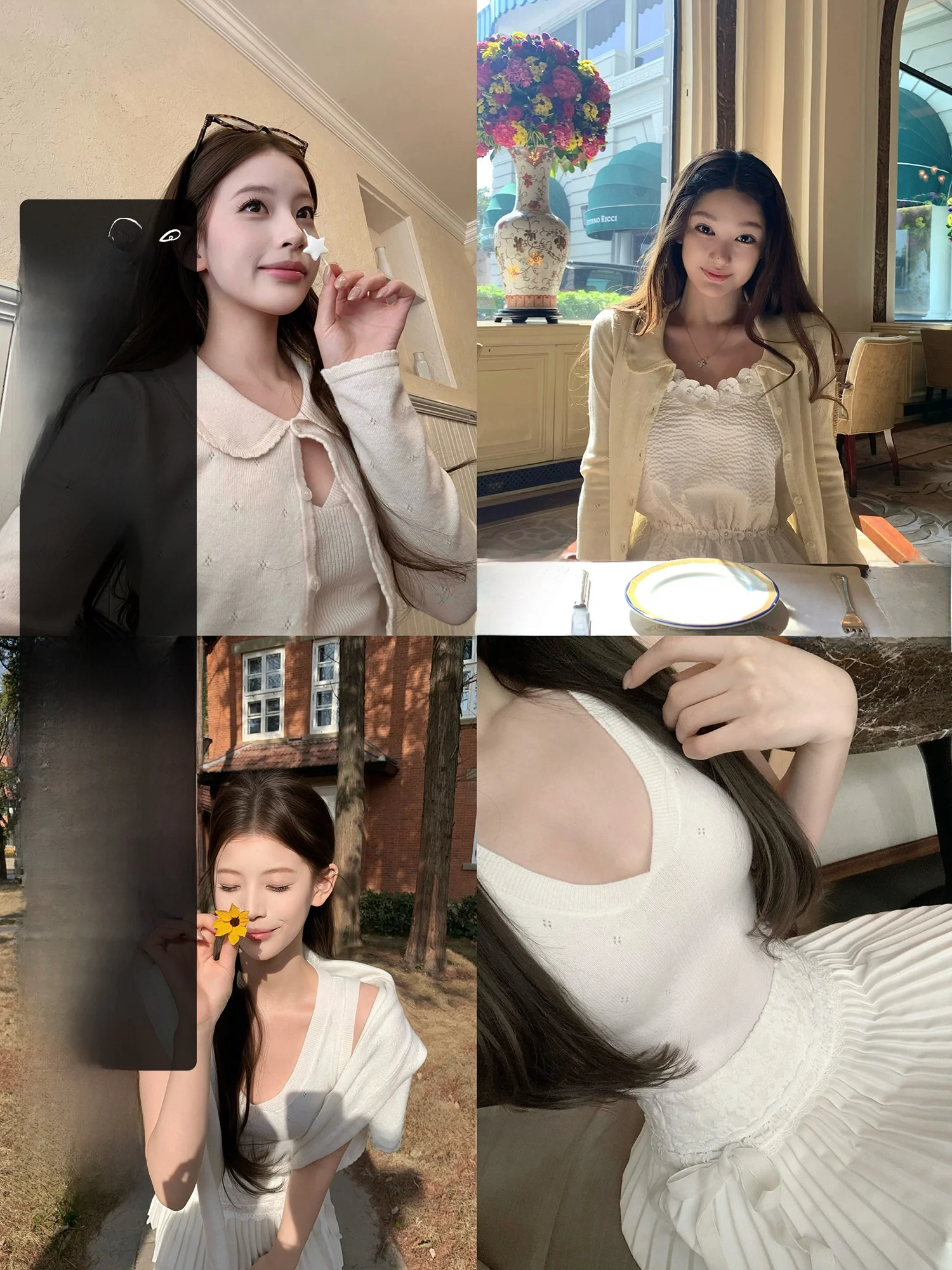 

Wuuus Original Doll Collar Hollow out Knitted Set Spring Fren Long Sve Floral Pattern Button Closure Slim Fit Women's...