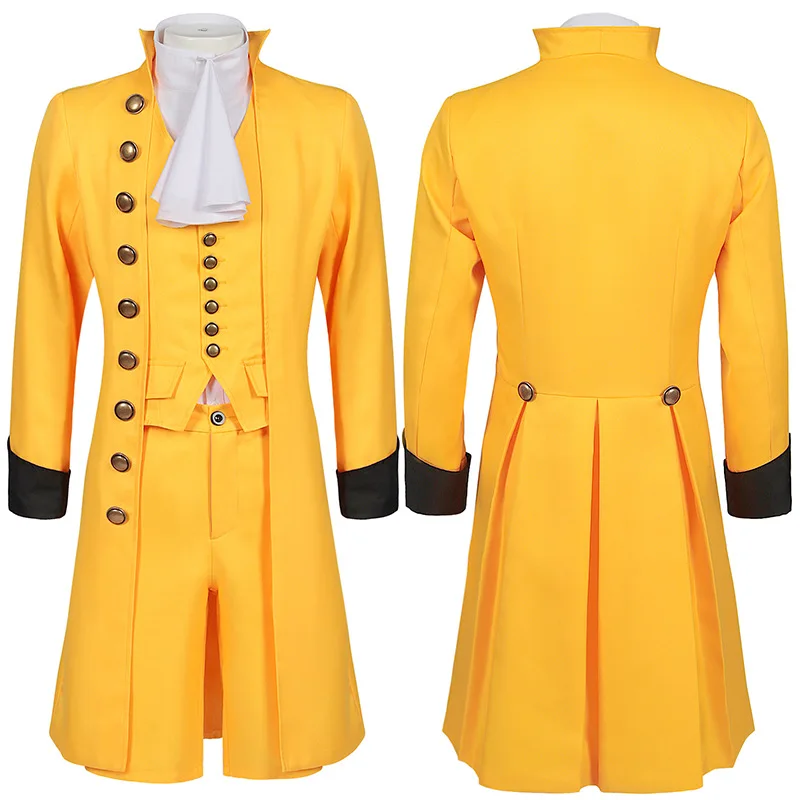 

Medieval Colonial Victorian Edwardian Frock Coat Waistcoat Vest Shirt Cravat Noble Men Rococo Yellow Outfit Cosplay Costume