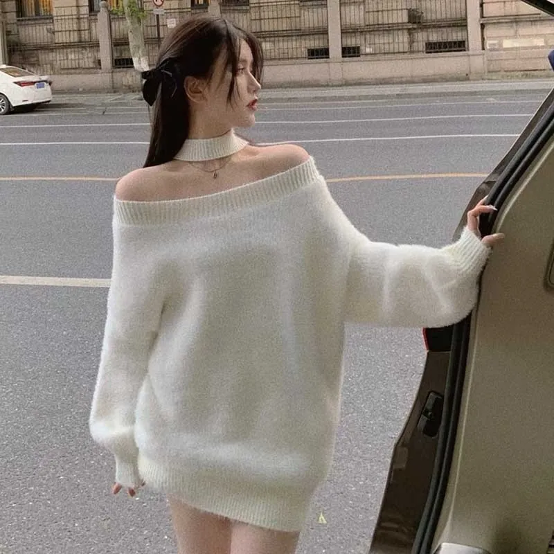 2024Autumn Korean Knitwear Women Sexy Halter Cross Cold Shoulder White Knitted Jumpers Elegant Loose Oversized Sweater Pullovers