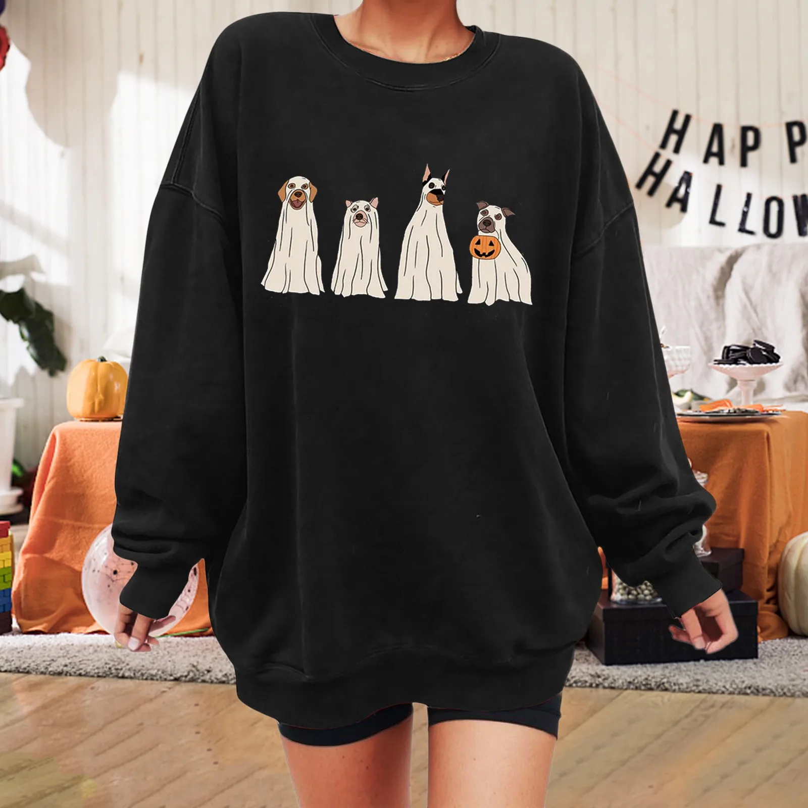 

Halloween Ghost Puppy Print Sweatshirt Round Neck Autumn Winter Pullover Loose Long-sleeved Ladies Hoodie Round Neck Top