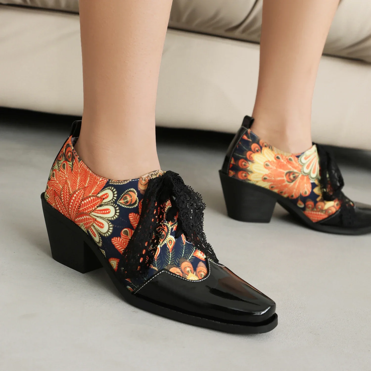 2024 spring autumn women pumps plus size 22.5-26.5cm print flower Lace up thick heel loafers mixed color square toe women shoes