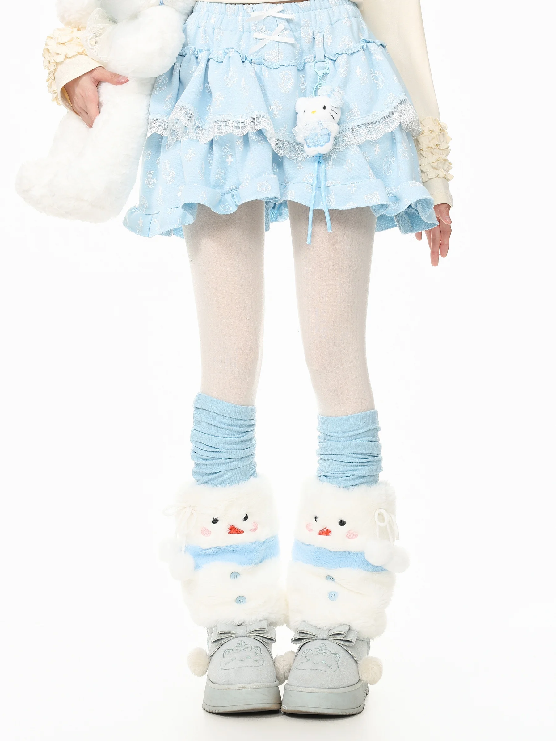 Sweet Snowman Spliced Mid-Calf Socks for Women Autumn Winter Fleece Ball Stacked Socks Blue Ghost Park Knitted Warm Thickened