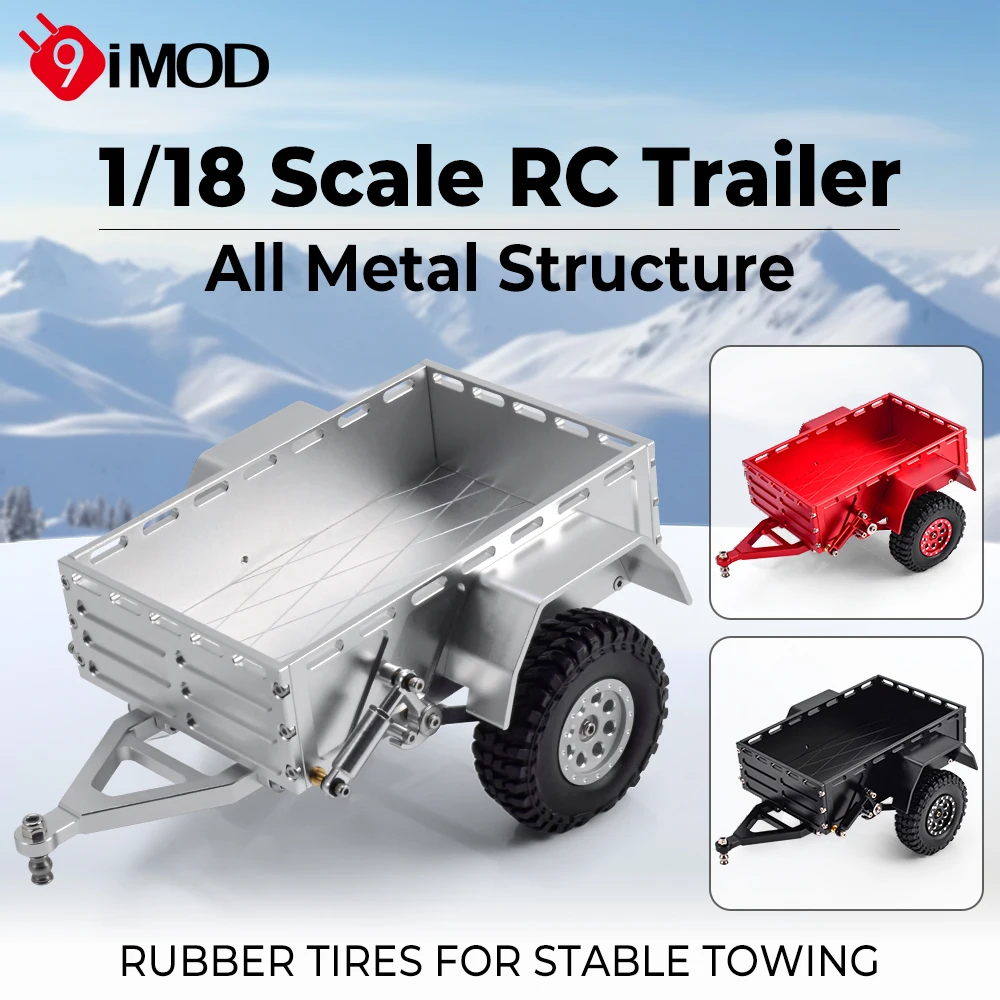 9imod 1/18 RC Trailer Metal Flatbed Aluminum Cargo Trailer with Rubber Tires DIY Kit for RC Crawler Car Off-Road Accessories