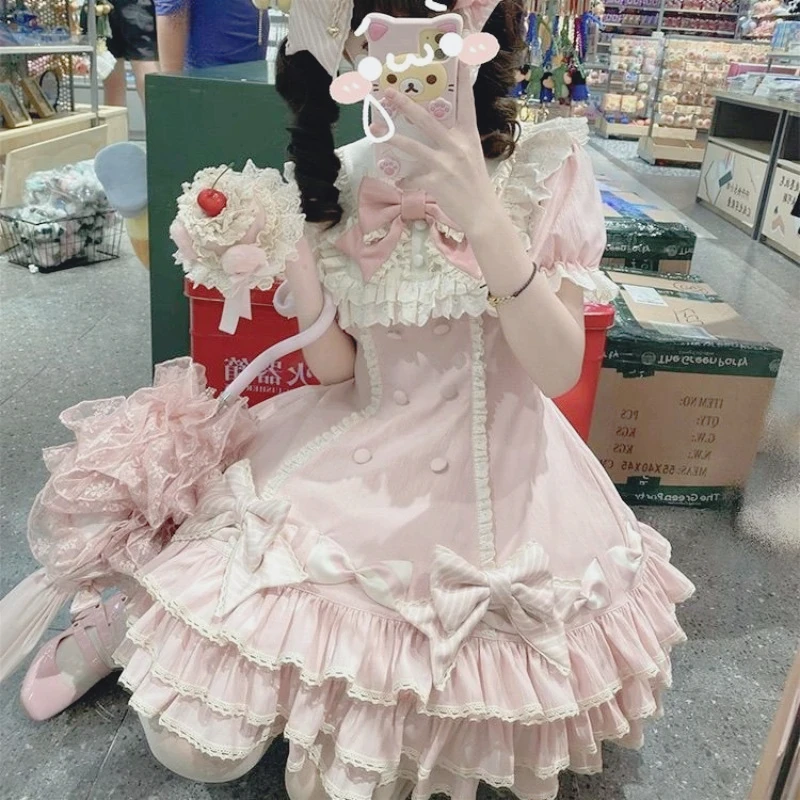 스트라이프 라자냐 로리타 케이크 드레스 귀여운 달콤한 공주 짧은 소매 Op 봄 가을 여름 고대 인형 느낌 Boho 드레스