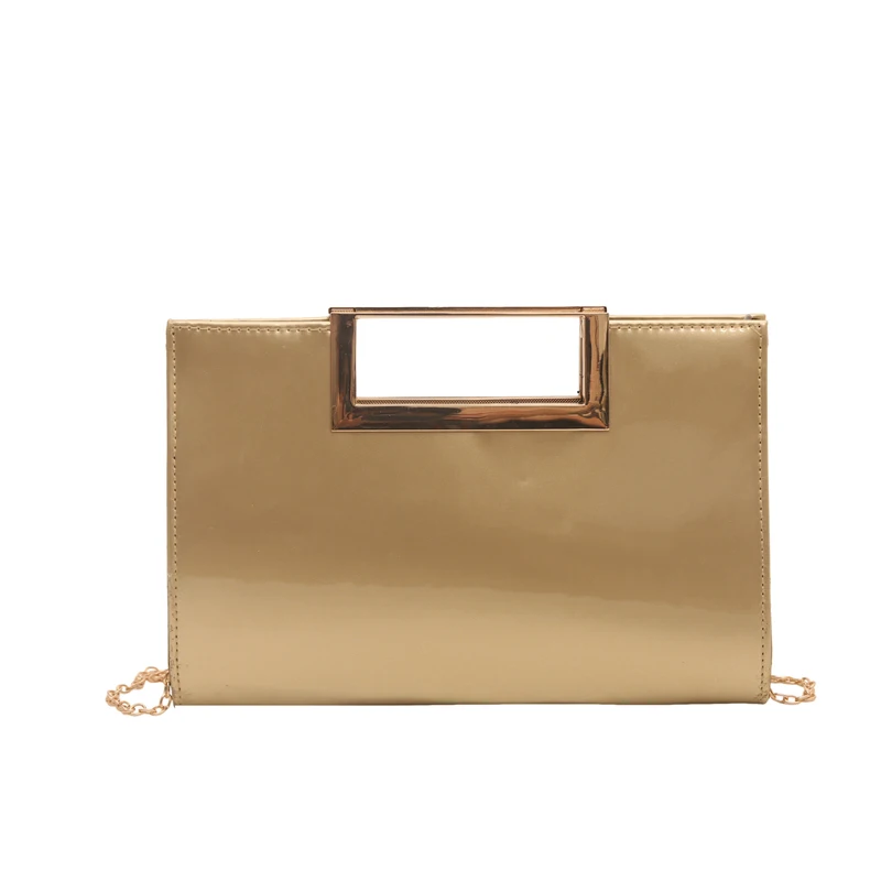 

Gold Patent Leather Clutch Purse for Women, Metal Top Handle Evening Bag, Chain Crossbody Handbag for Wedding Cocktail Party