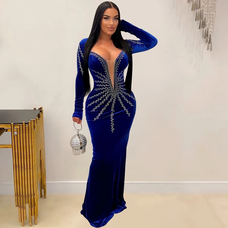 2025 New European Style Long Sleeves Diamond Embellished Slimming Dress Elegant Evening Dress For Women