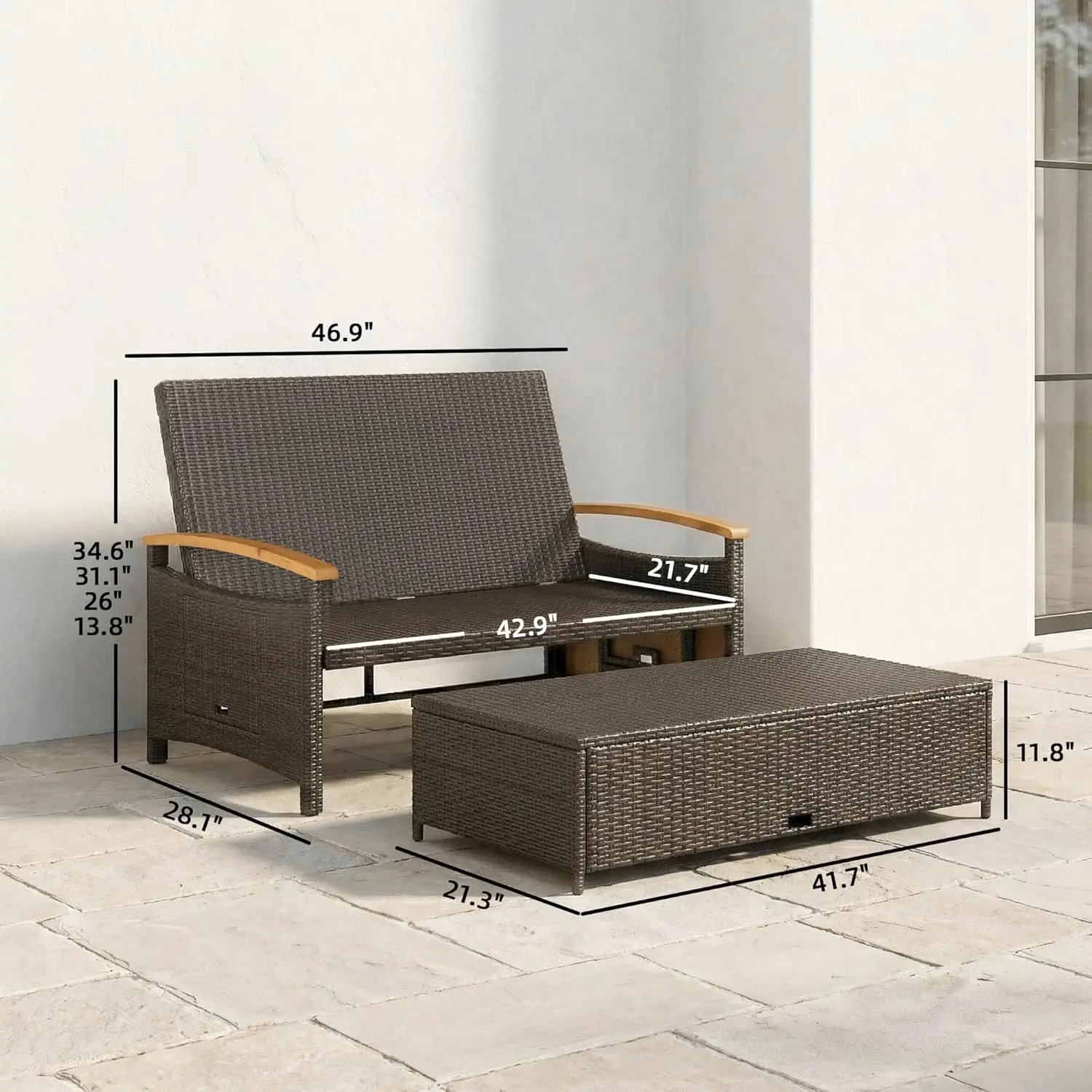 

Customized PE Wicker Outdoor Daybed, 4-level adjustable backrest equipped with storage ottoman and practical folding side trays