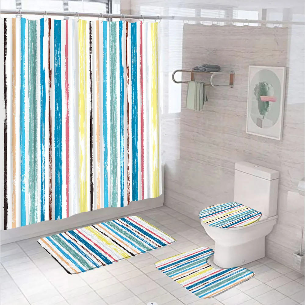 

Vintage Geometric Stripe Shower Curtain Set Colorful Art Abstract Bathroom Decor Curtains Non Slip Bath Mat Rug Toilet Lid Cover