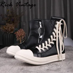 Rick Vintage Men's Real Leather Ankle Boots RO High Street Board Shoes Women Brand High Top Sneakers Dark Black Lace Up Shoes