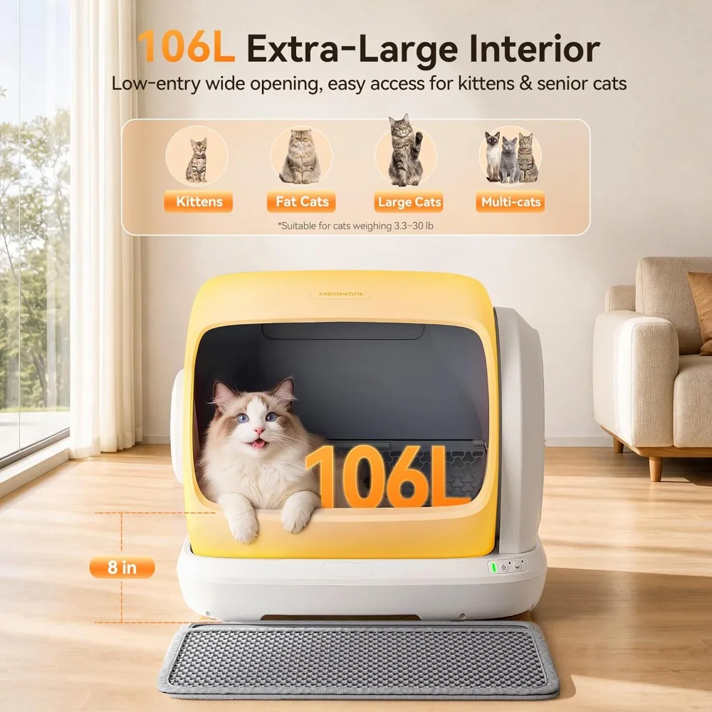 Automatic Cat Litter Box 106L Extra-Large Space Safety Anti-Pinch Self-Cleaning for Multiple Cats