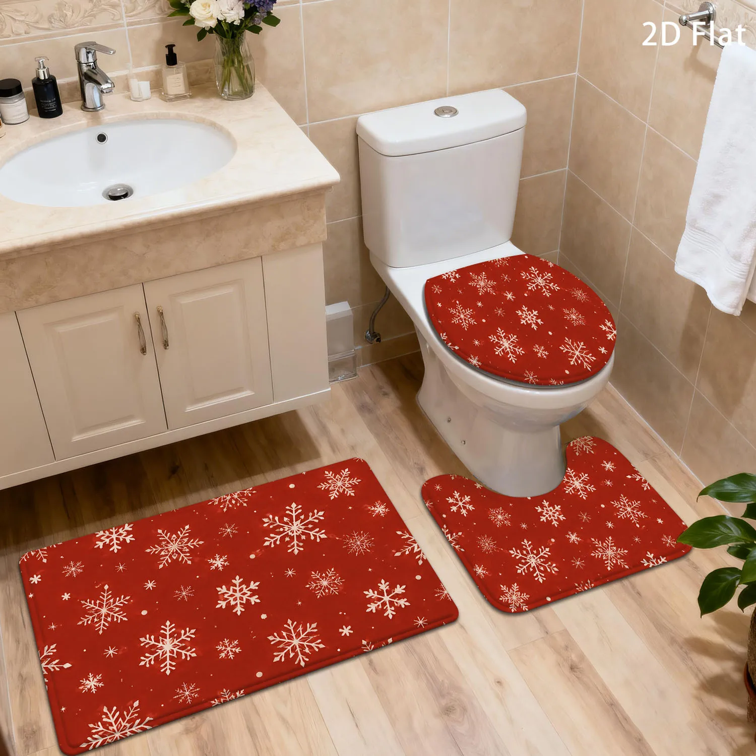 2D Flat Red Snowflake Christmas Bathroom Mat Set, 3pcs, Winter Snow Pattern, Home Decor for Bathroom