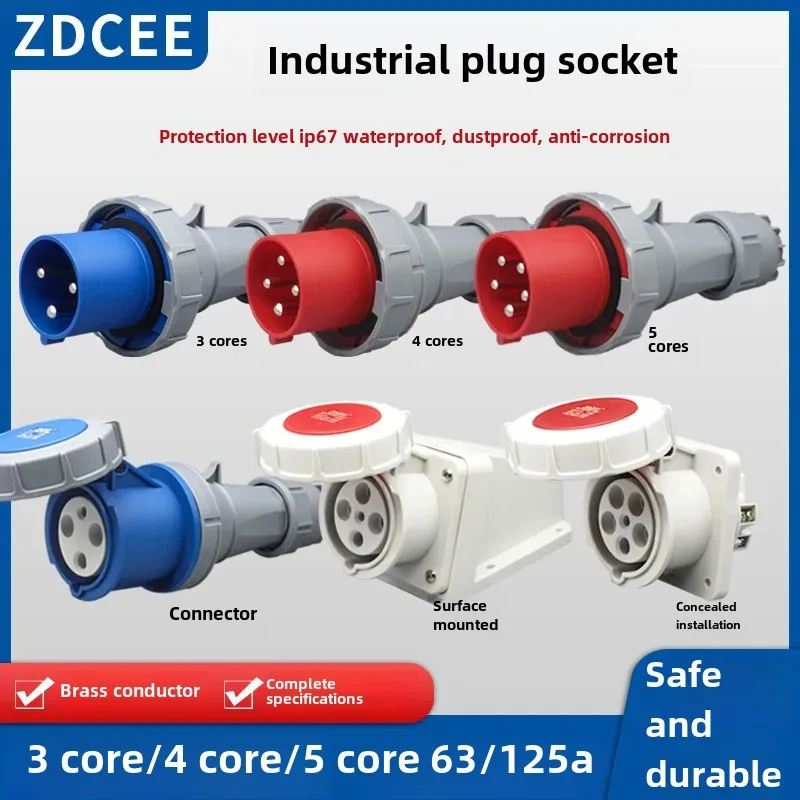 ZDCEE Waterproof AC Power Three-Phase Four-Wire IP67 Aviation Plug Industrial Socket 63A Connector Outdoor 125A