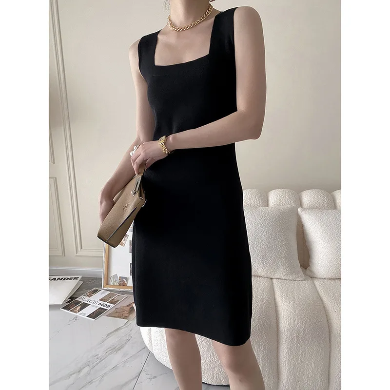 

French Simple Square Neck Black Knit Women Dress Sleeveless Spring Summer New Elegant Vintage Hepburn Lady Vest Mini Dresses