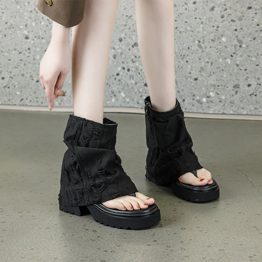 2026 Summer Women's Ankle Boots Shoes Fashion High Heels Female Ankle Boots Shoes Denim Clip Toe Pile Socks Boots for Ladies
