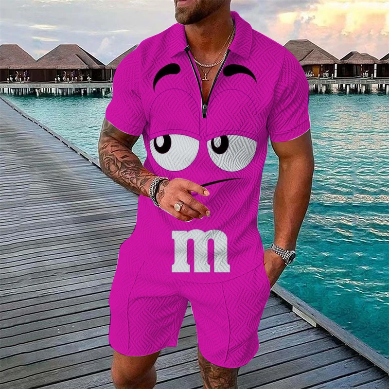 Conjunto divertido con estampado de M&M para hombre, conjunto de moda con camiseta polo de manga corta con cremallera + pantalones cortos, conjunto de 2 piezas, traje de verano estilo hip hop urbano.