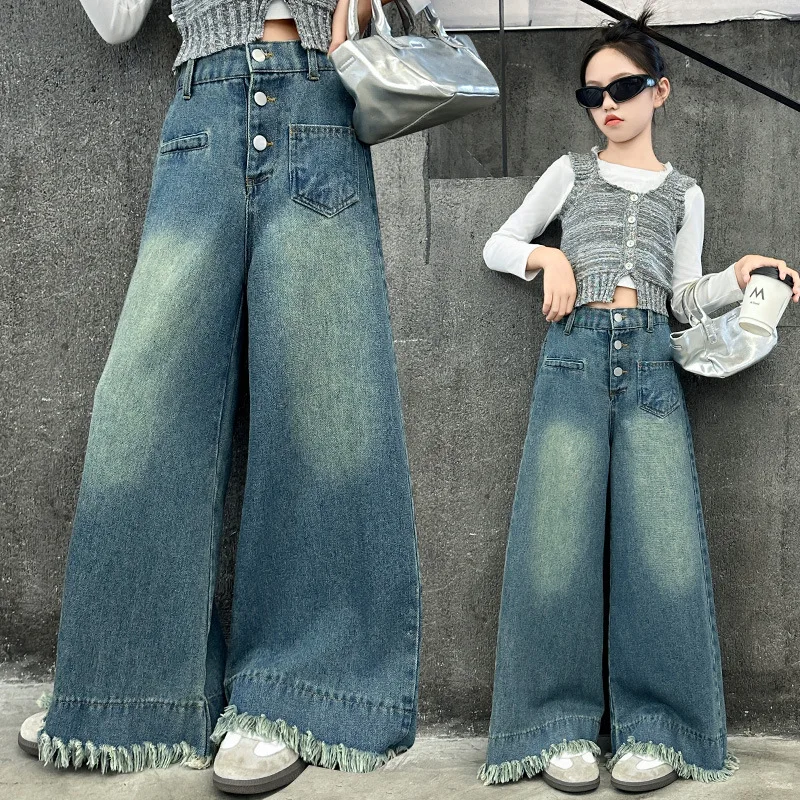 

Kids High Fashion Y2K Wide Leg Jeans with Raw Hem for Girl Stylish Streetwear Denim Pants Child Trendy Buttons Jeans Trousers
