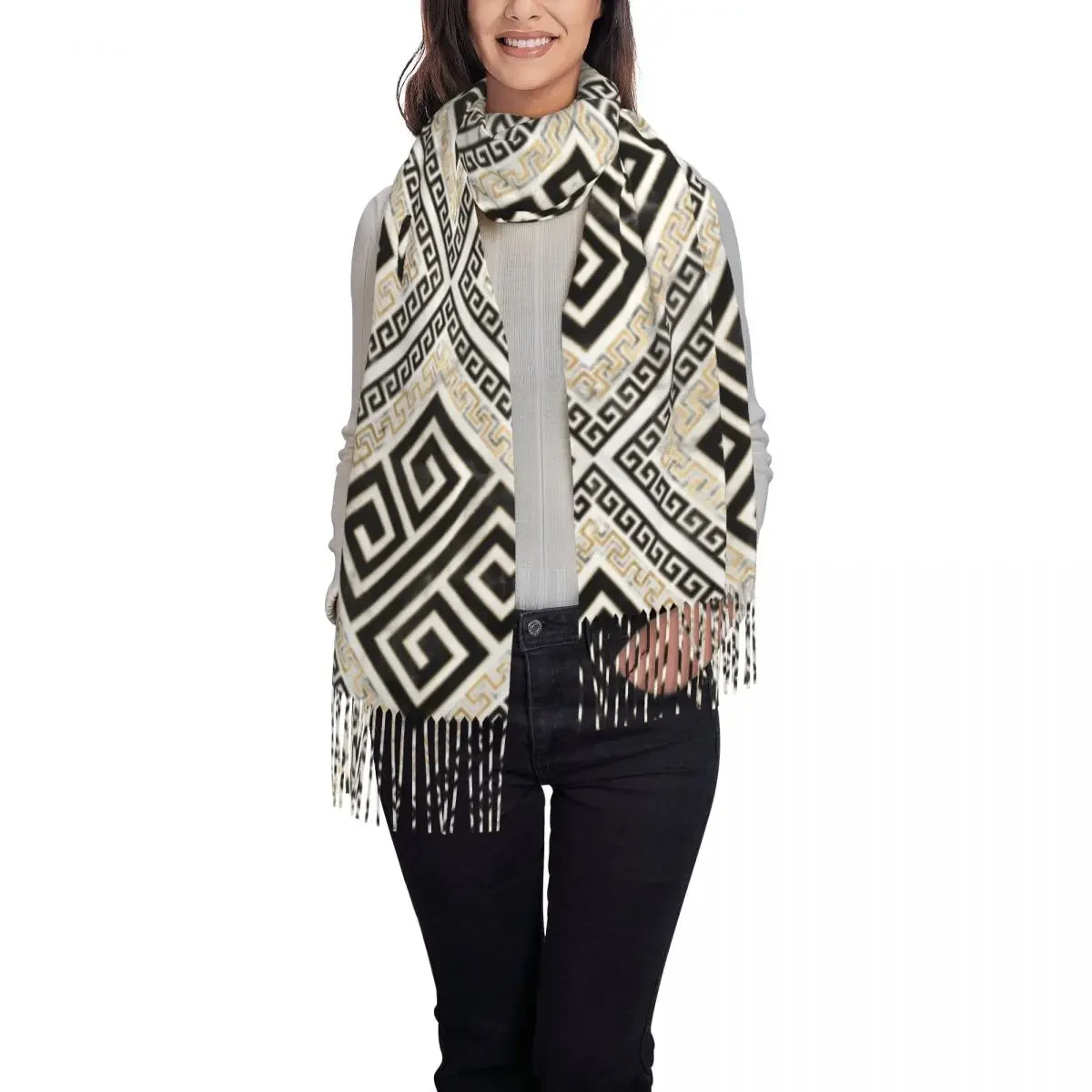 Greek Key Scarf Wrap For Women Long Winter Warm Tassel Shawl Unisex Meander Black And White Marble Scarves