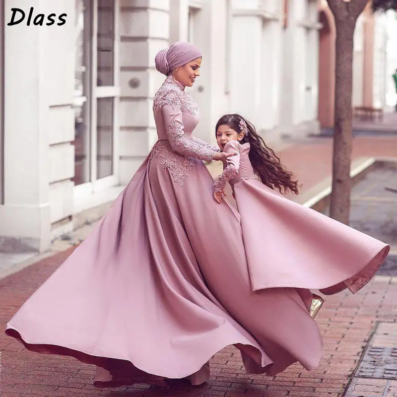 Dark Pink Muslim Evening Dresses Long Sleeves Jumpsuit Detachable Scarf Islamic Dubai Saudi Arabic Prom Mother and Daughter Gown