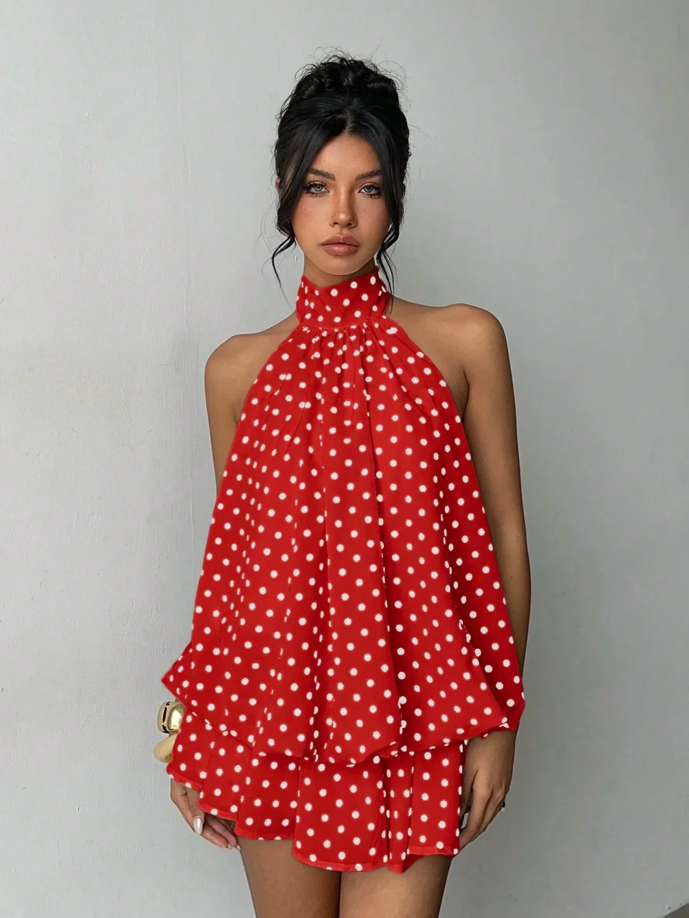 Damen Weiß-Schwarzes Polka-Dot Halter-Minikleid Sommer Ärmelloses Rüschen-Stufenkleid Elegantes Party-Clubwear A-Linien-Kleid – Detail 12