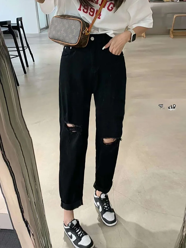 

High Waist Ripped Denim Jeans Women's plus Size Thin Straight Tube Pants Summer Loose Fit Slimming Lightweight Elastic Nine P...
