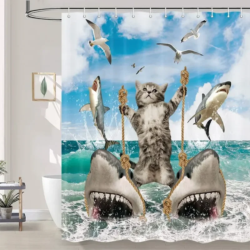 Funny Shower Curtain Brave Cat Holding Trident Arrow Riding Shark in Ocean Wave Whale Cat Shower Curtain Set Bathroom Decor Set