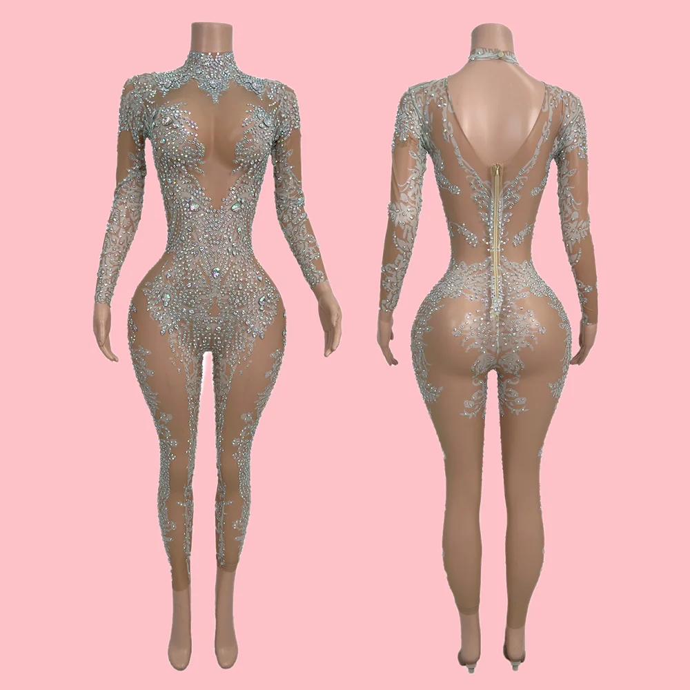 

See Through Crystal Rhinestone Jumpsuits Ladies Club Party Prom One Piece Bodysuits Women Stripper Festival Outfit Show Leotard