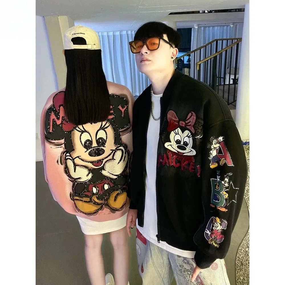 

Disney Mickey Embroidered Sequined Baseball Jersey Men and Women Autumn and Winter Retro Casual Loose Couple Jacket Tide