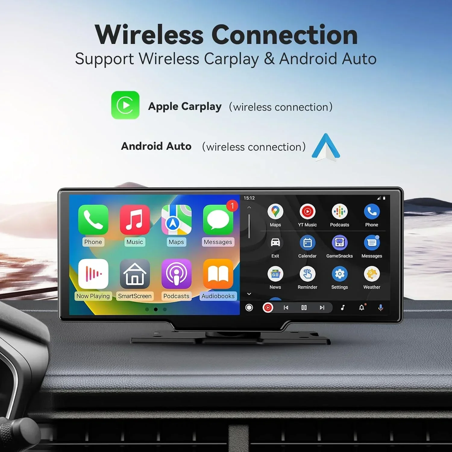 Portable 10.26'' Dash Cam Wireless CarPlay Android Auto Dashboard 4K Car DVR Dashboard Video Recorder Car Monitor GPS FM BT