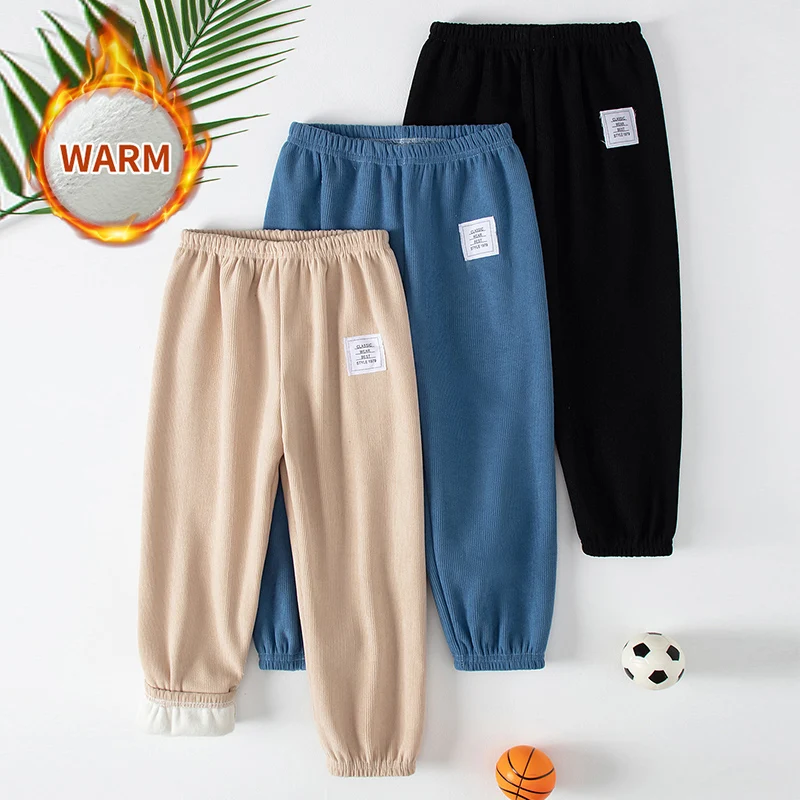 

2/1 Piece Autumn And Winter Children's Velvet Pit Stripe Sports Sweatpants For Boys And Girls Thick And Warm Casual Harem Pants
