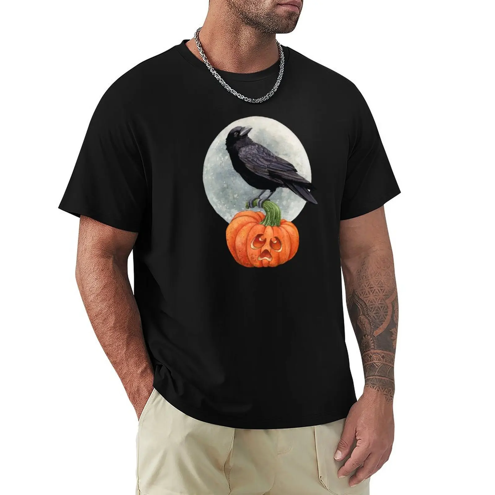 Crow on Jack-O-Lantern T-Shirt Casual Fashion Short Sleeve Cotton T-Shirt