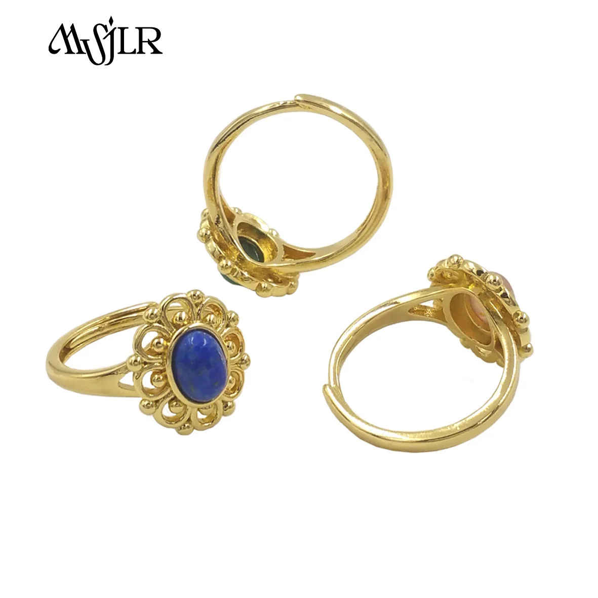 MVR099 Luxuary Style Retro Design Flower Shape Multicolor Adjustable 18k Gold Plated Gemstone Ring Advanced Sale Classy